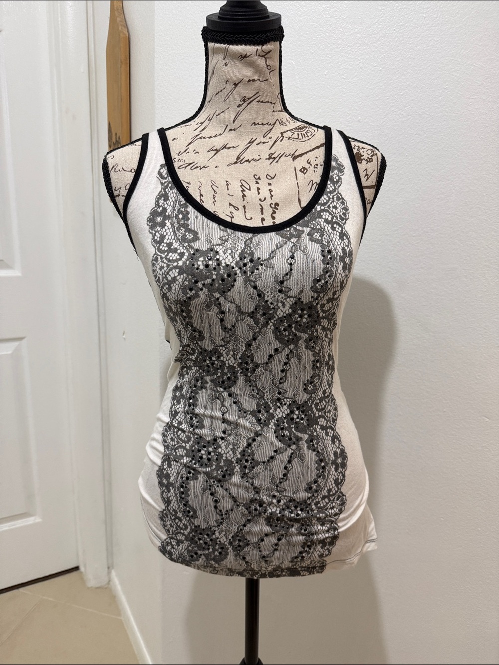 Daytrip White Tank with Black Lace-Print Front